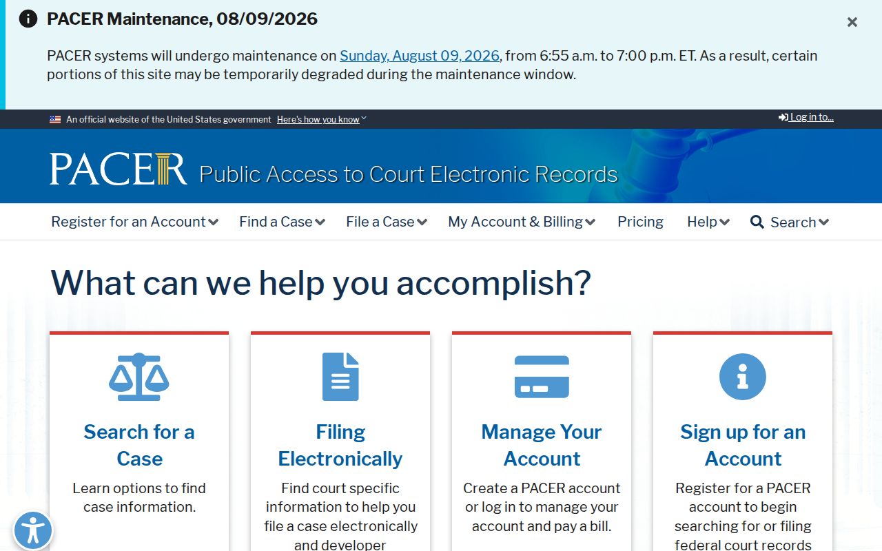 PACER federal court record system for cases connected to Howard County