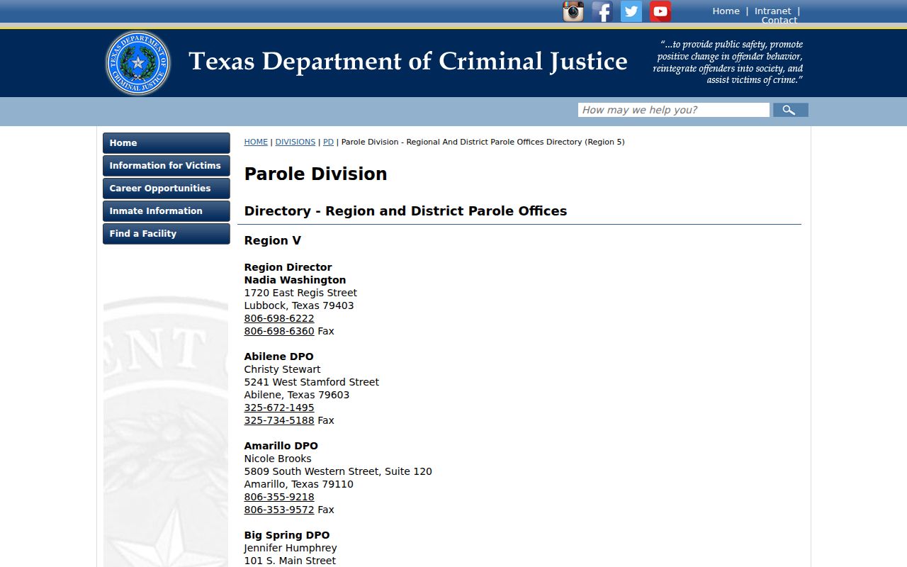 Howard County criminal history Big Spring parole office listing